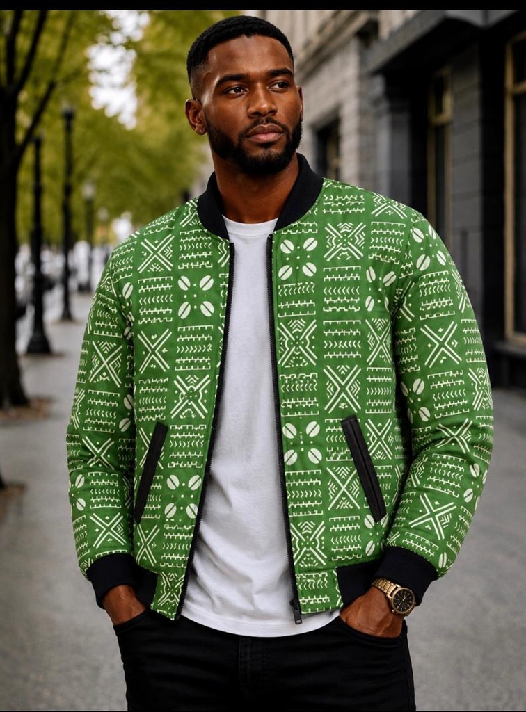 Élevez votre style avec la Veste Bomber "Heritage Kente" - Vert & Blanc