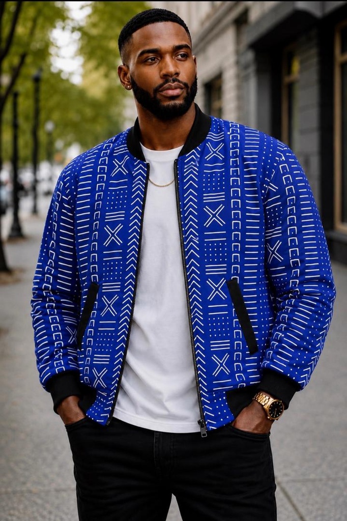Veste de style bomber avec des motifs inspirés du bogolan.