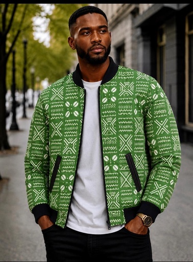 Élevez votre style avec la Veste Bomber "Heritage Kente" - Vert & Blanc