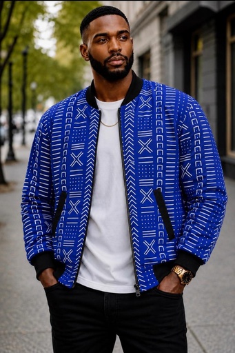 Veste de style bomber avec des motifs inspirés du bogolan.